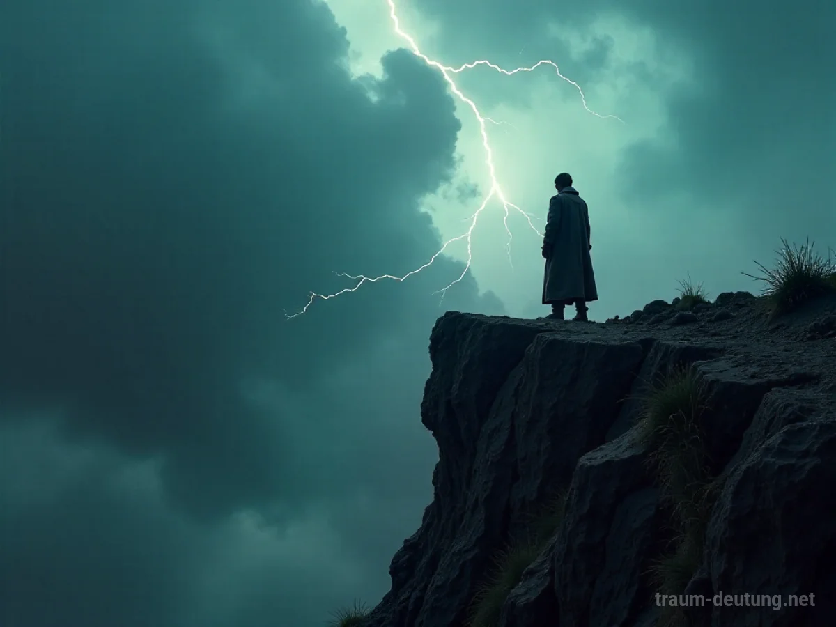 Traumsymbol Trotz: Eine einsame, wettergegerbte Figur steht trotzig auf einer schmalen, bröckelnden Klippe vor einem stürmischen Himmel.