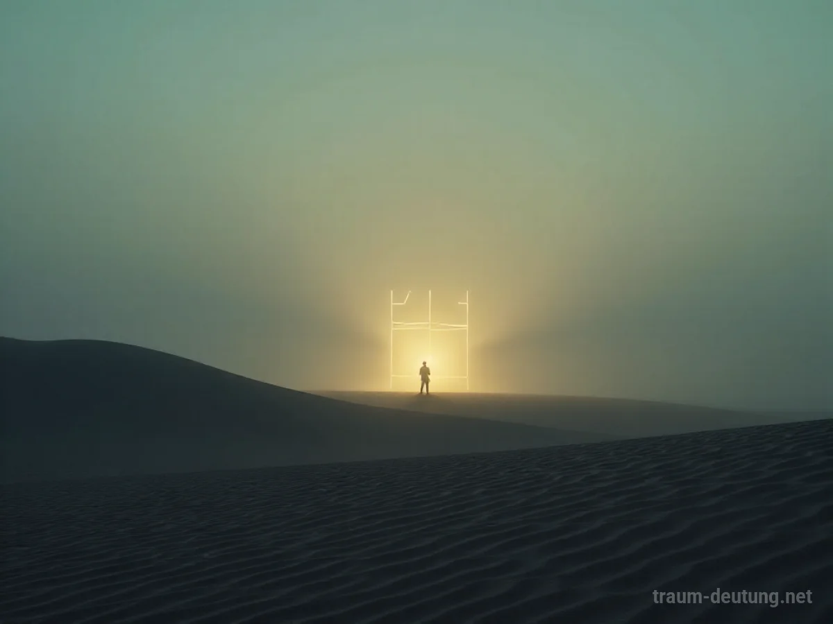 Traumsymbol Trugbild: Eine schemenhafte, schimmernde Illusion eines Gebäudes erscheint in einer weiten Wüstenlandschaft unter einem diffusen Dämmerungshimmel.