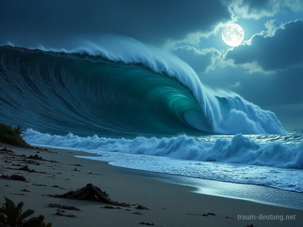 Traumsymbol Tsunami: Eine riesige, dunkle Welle bricht über einem menschenleeren Strand, während ein dramatischer, mondbeschienener Himmel darüber thront.