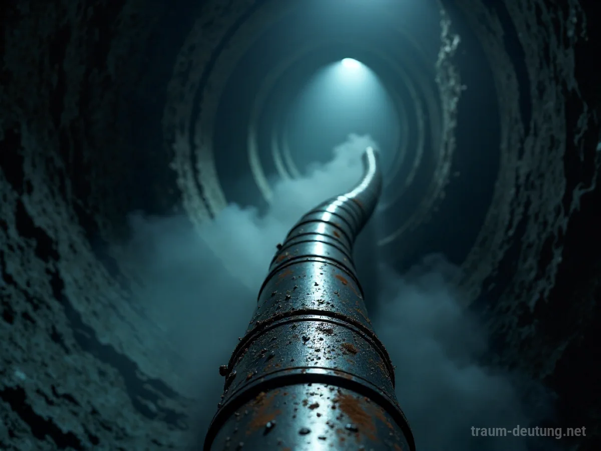 Traumsymbol Tube: Eine lange, gewundene Metallröhre verschwindet in mysteriöser Dunkelheit, mit subtilen Rostflecken und Kondenswasser.