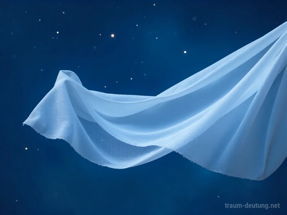 Traumsymbol Tuch: Ein zartes, halbtransparentes weißes Seidentuch weht sanft im Mondlicht vor einem sternenklaren Nachthimmel.