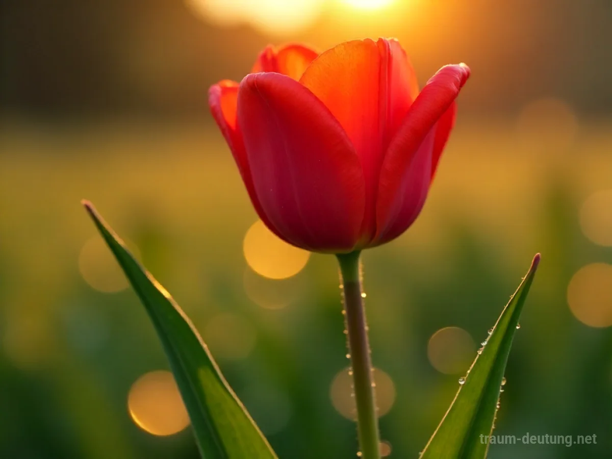 Traumdeutung Tulpe: Eine einzelne, leuchtend rote Tulpe steht in einer Morgentau-bedeckten Wiese im sanften goldenen Licht des Sonnenaufgangs.