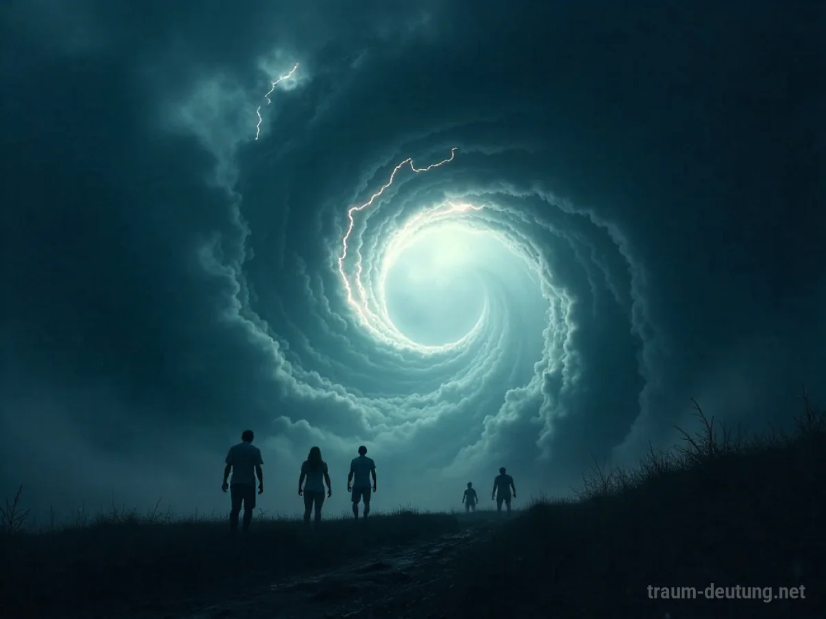 Traumsymbol Tumult: Ein chaotischer, wirbelnder Strudel aus dunklen, sturmähnlichen Wolken, durchbrochen von Blitzen, mit undeutlichen, kämpfenden Menschenfiguren im Zentrum.