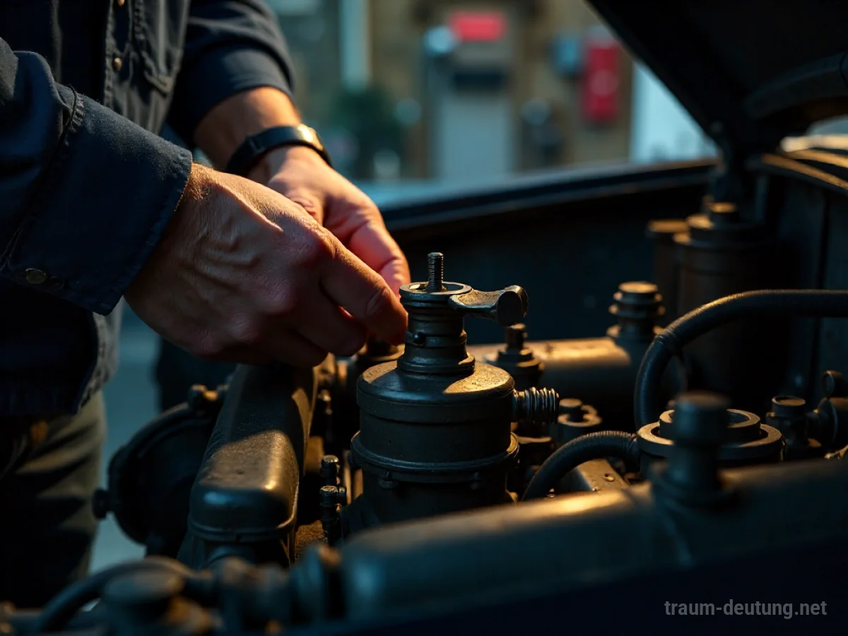 Traumsymbol Tuning: Detailaufnahme eines alten Automotors, bei dem eine Hand präzise eine Schraube mit einem Schraubenschlüssel einstellt, beleuchtet von einem einzelnen Scheinwerfer in einer dunklen Garage.