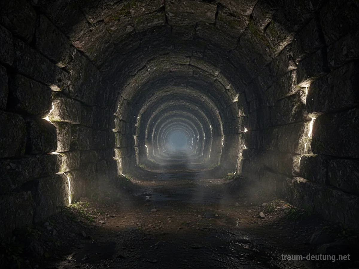 Traumdeutung Tunnel: Ein langer, dunkler und gewundener Tunnel aus grob behauenem Stein mit mysteriöser, leicht klaustrophobischer Atmosphäre und fahlen Lichtquellen.