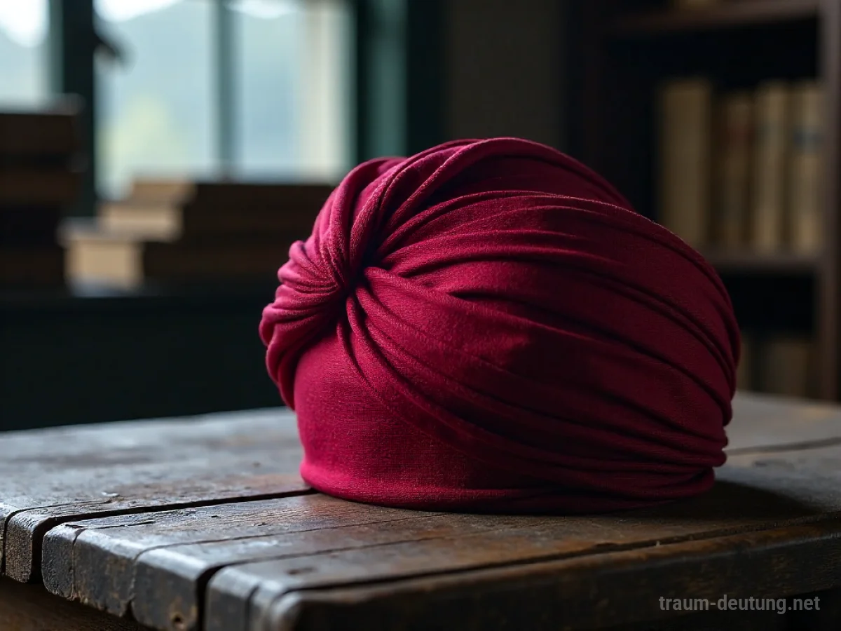 Traumdeutung Turban: Ein tiefroter Seidenturban liegt auf einem alten Holztisch im Mondlicht, umgeben von antiken Büchern.