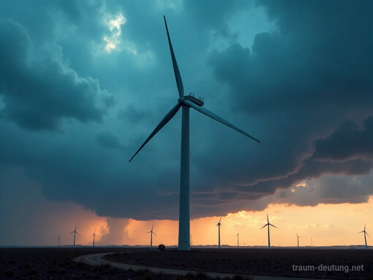 Traumsymbol Turbine: Eine riesige Windturbine ragt vor einem dramatischen, stürmischen Abendhimmel auf, ihre Blätter im Wind und Schatten werfend.