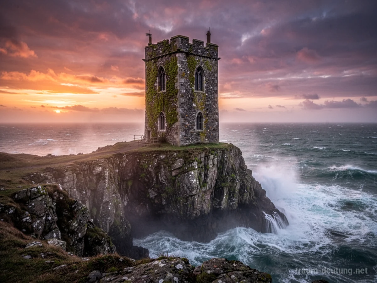 Traumsymbol Turm: Ein einsamer, alter Steinturm auf einer felsigen Klippe bei Sonnenuntergang mit stürmischer See und Nebel.