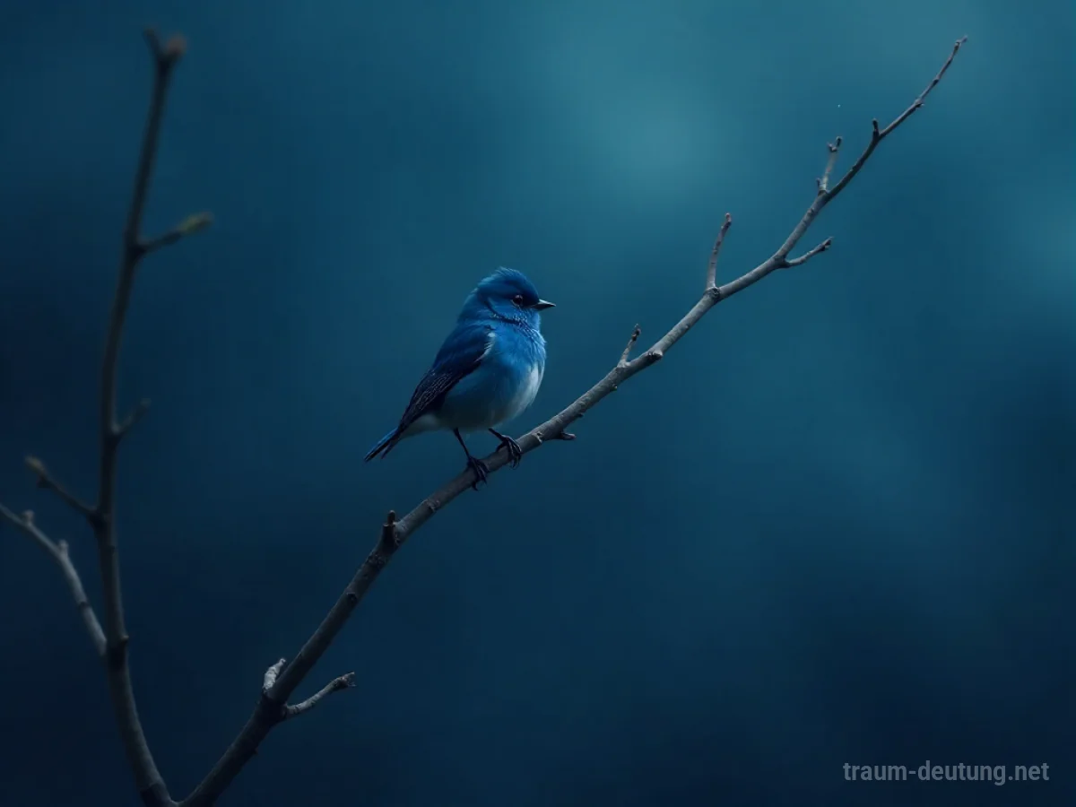 Traumsymbol Tweet: Ein kleiner blauer Vogel sitzt auf einem kahlen Ast vor einem dunklen Himmel, beleuchtet von sanftem Licht.