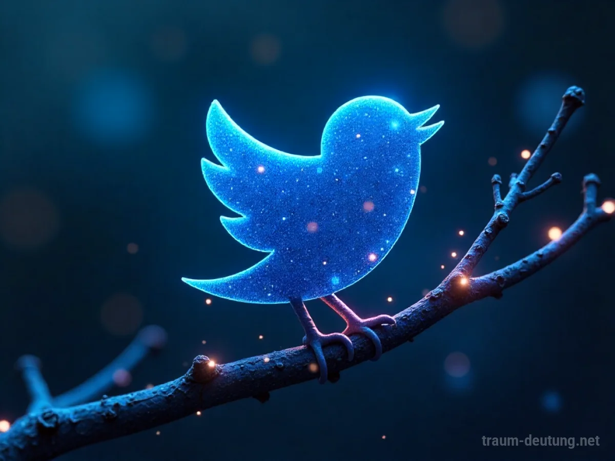 Traumdeutung Twitter: Ein metallisch blauer Twitter-Vogel sitzt auf einem Ast aus digitalen Datenströmen im Dunkeln.