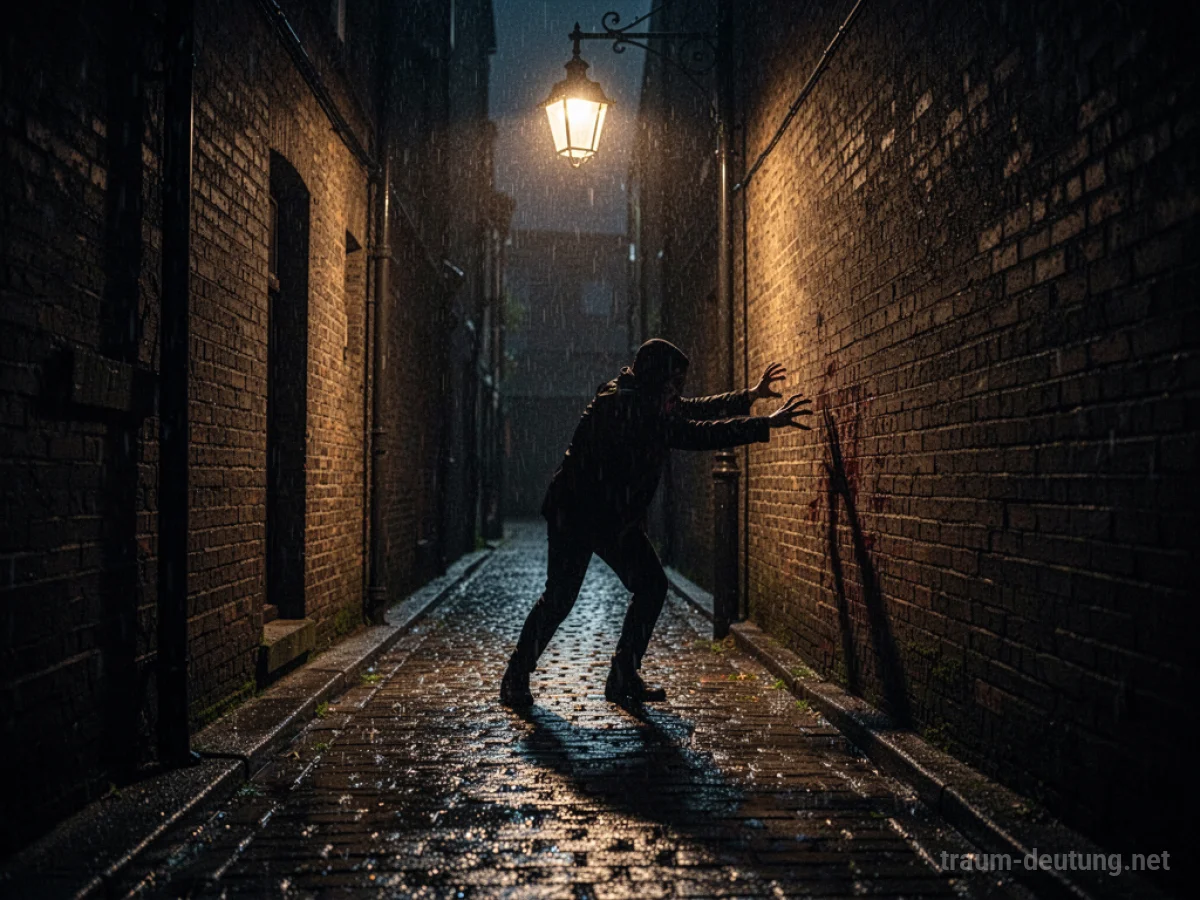 Traumsymbol Überfall: Eine Person wird nachts in einer dunklen Gasse von Schatten bedrängt, mit regennassen Pflastersteinen und bedrohlicher Atmosphäre.