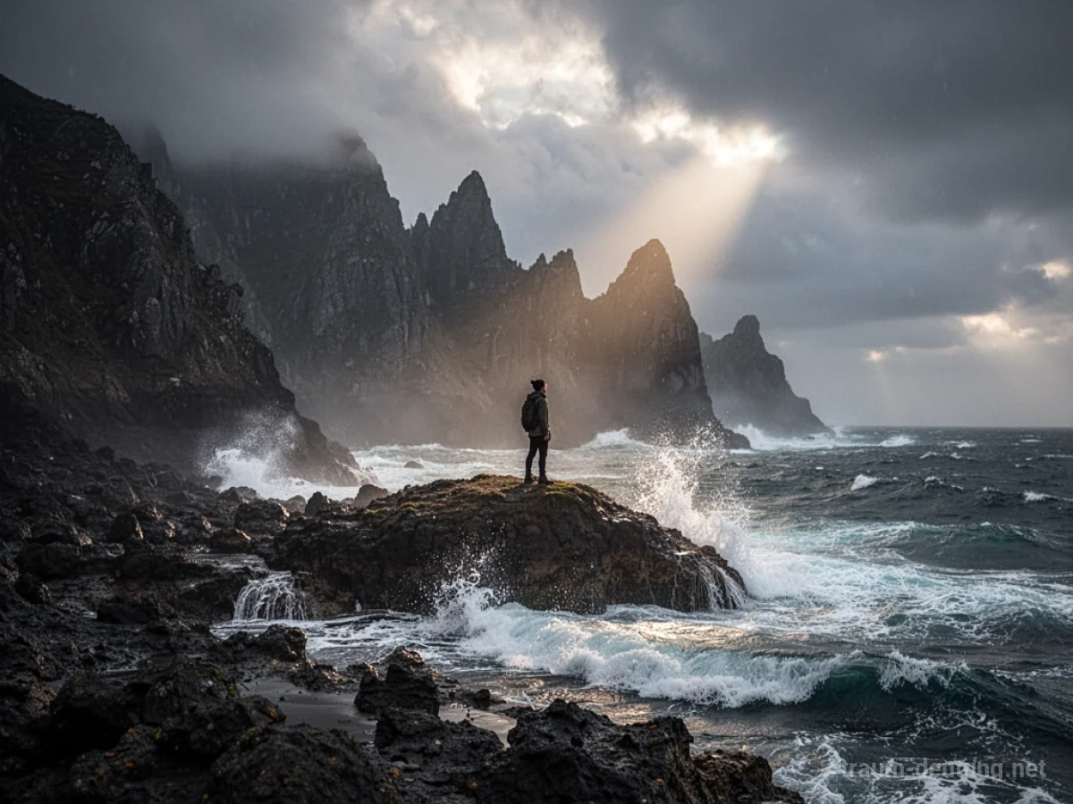 Traumsymbol Überleben: Eine einsame Person steht auf einer felsigen Insel vor einem stürmischen Meer unter dramatischem Himmel, was auf die psychologische Bedeutung von Widerstandskraft im Traum hinweist.