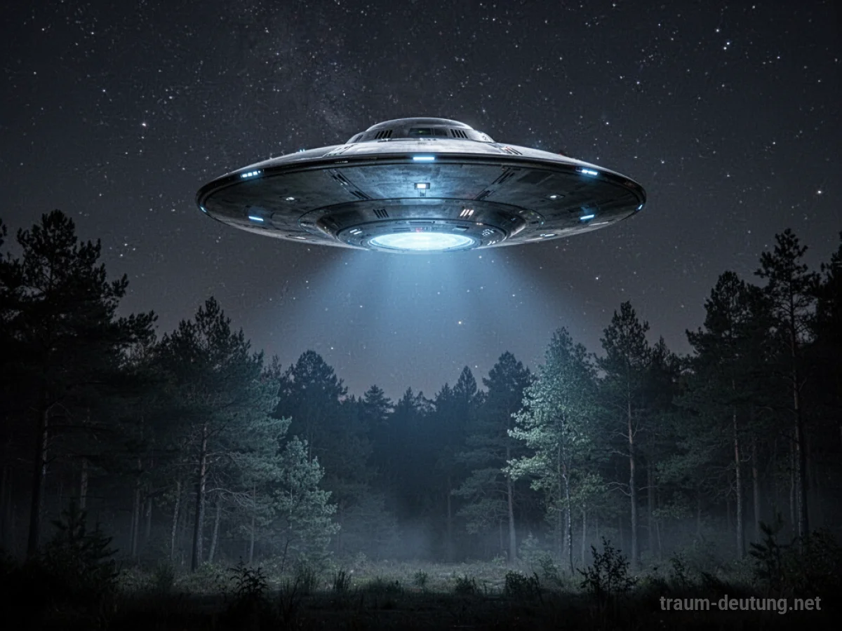 Traumsymbol UFO: Eine silberne Scheibe schwebt lautlos in einem dunklen Sternenhimmel über einem silhouettierten Wald, beleuchtet von einem sanften blauen Licht.