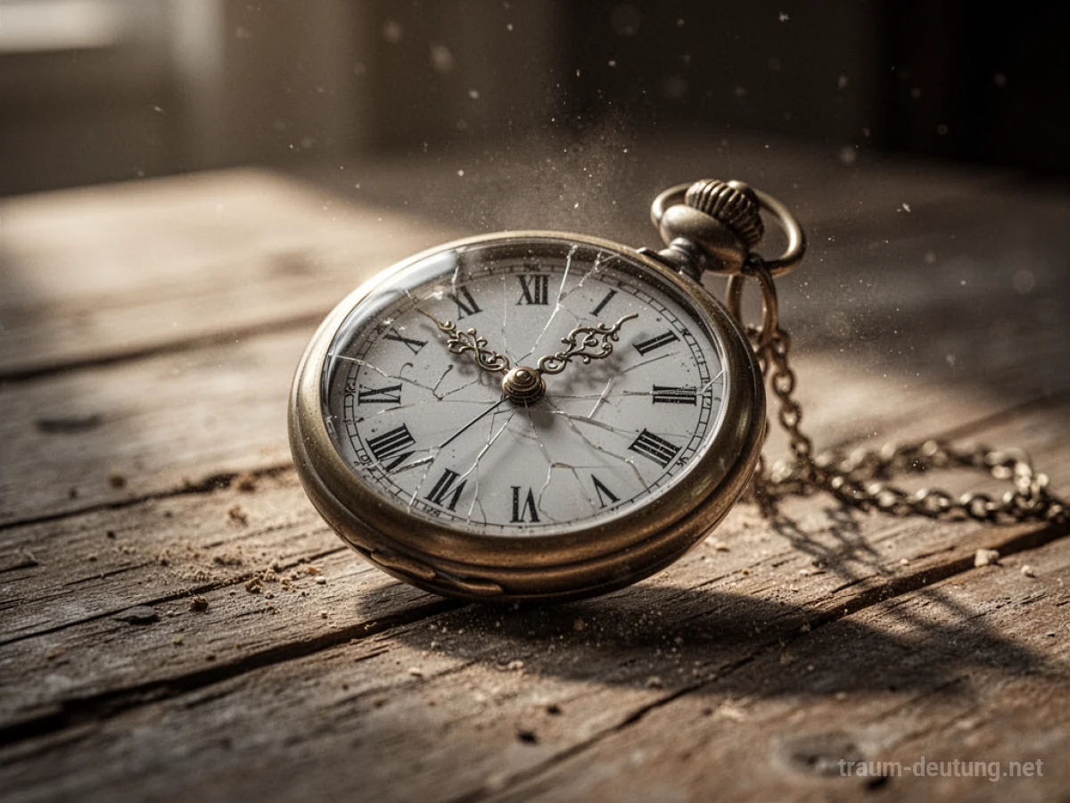 Traumsymbol Uhr: Eine antike Taschenuhr mit Rissen im Glas liegt auf einem alten Holztisch im warmen Licht, das lange Schatten wirft.