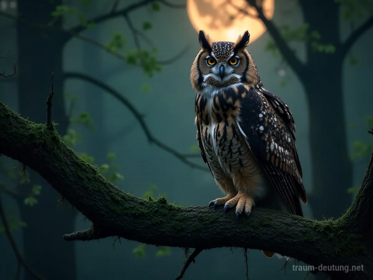 Traumsymbol Uhu: Ein majestätischer Uhu mit durchdringenden gelben Augen sitzt auf einem knorrigen Ast in einem mondbeschienenen Wald.