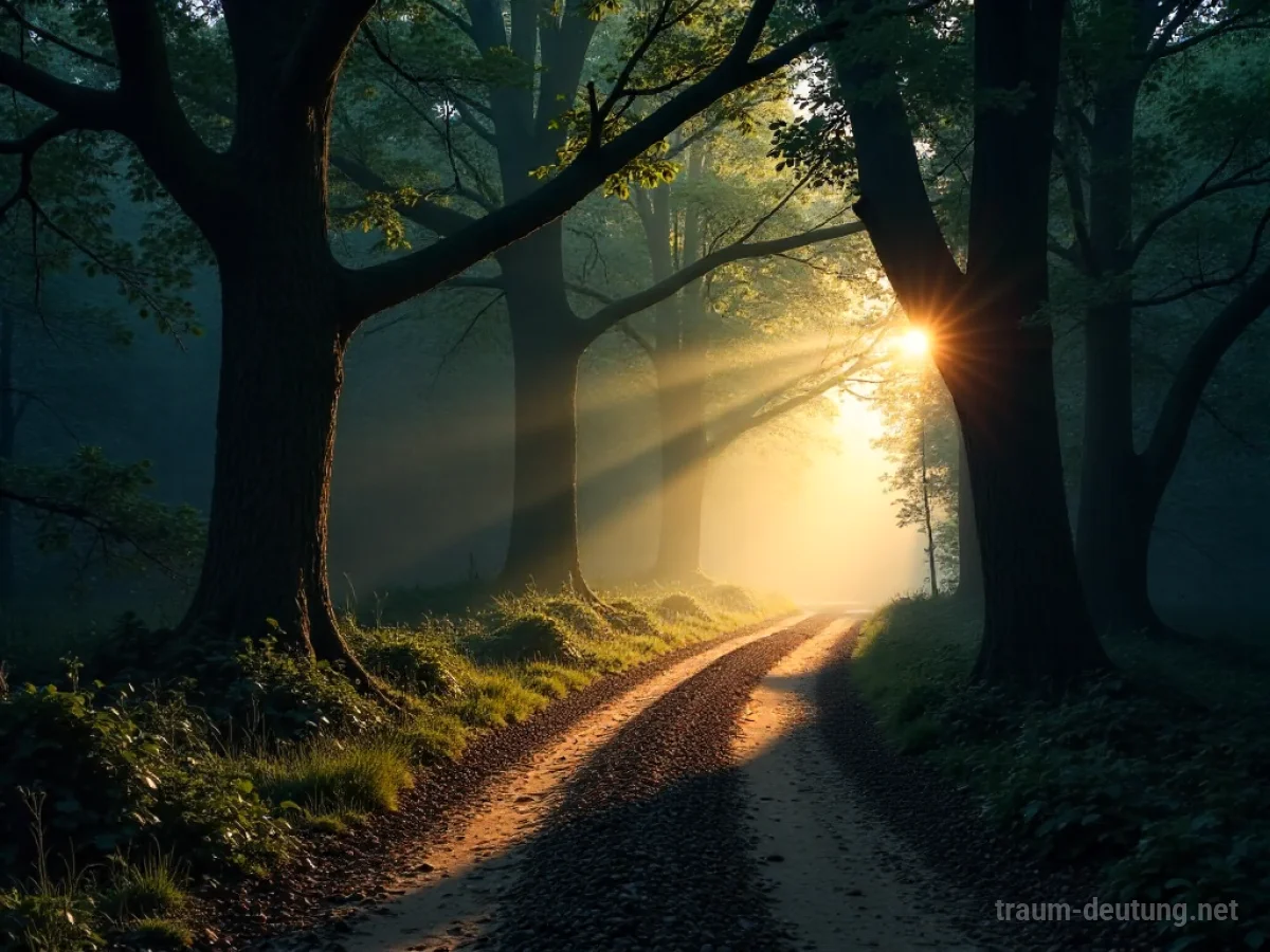 Traumsymbol Umweg: Ein staubiger, gewundener Feldweg führt in einen dichten, mystischen Wald bei Dämmerung, beleuchtet von mystischem Licht.