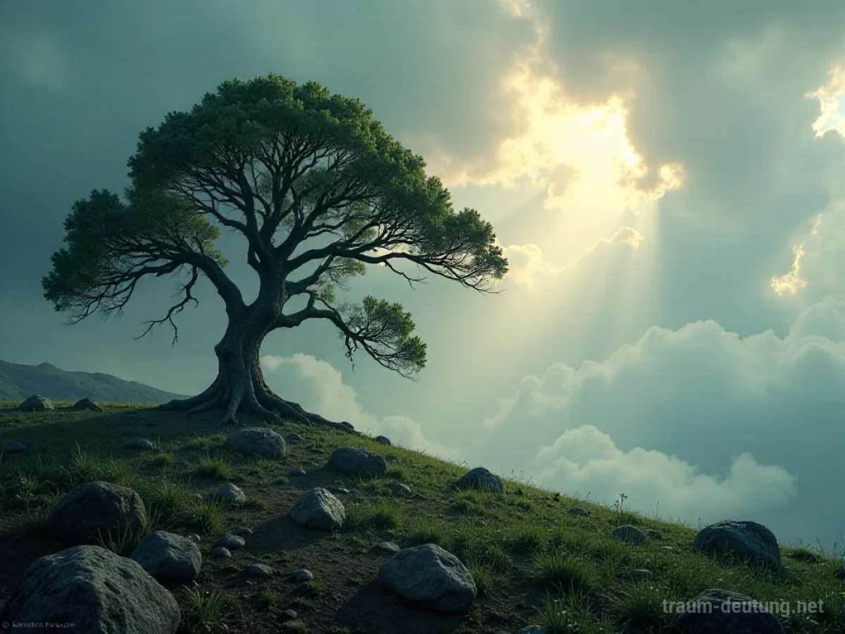Traumdeutung Umwelt: Eine weite, hyperrealistische Landschaft unter einem dramatischen, bewölkten Himmel mit einem alten Baum im Vordergrund.