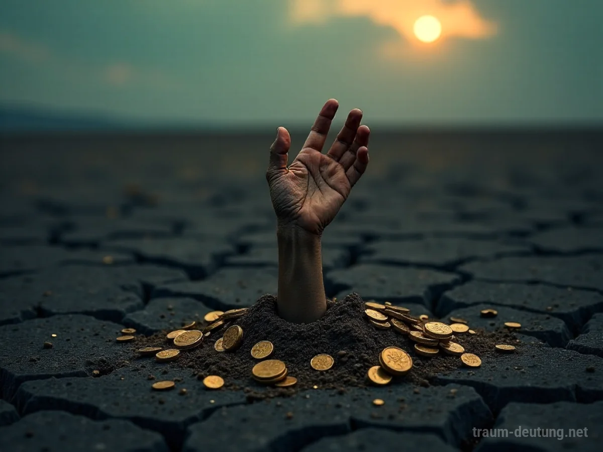 Traumdeutung Undank: Eine verwelkte Hand greift nach zerfallenden Goldmünzen vor einer trostlosen Landschaft im Zwielicht.