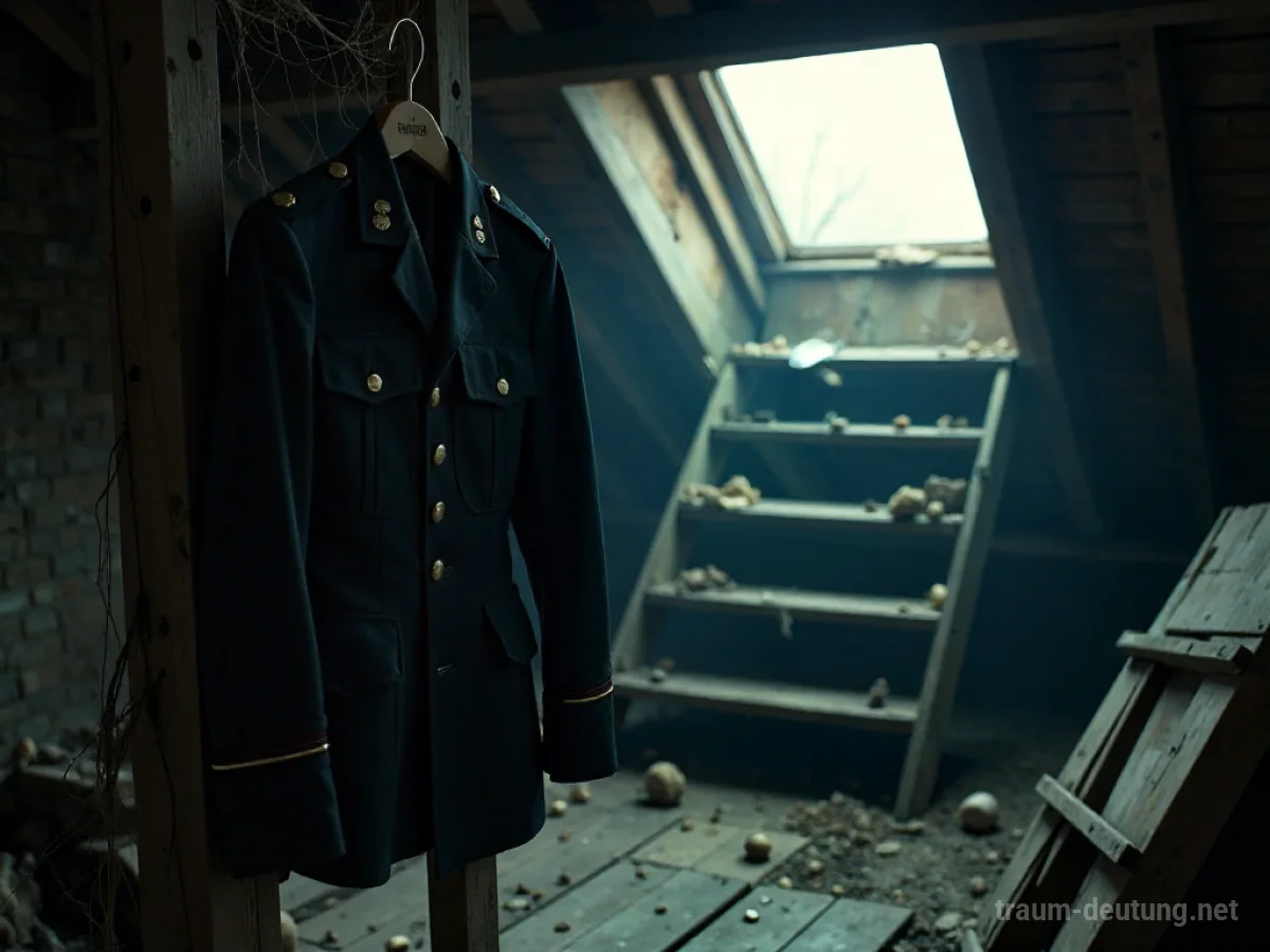Traumsymbol Uniform: Eine verlassene Militäruniform hängt im schwachen Mondlicht eines staubigen Dachbodens, umgeben von Spinnweben und alten Gegenständen.