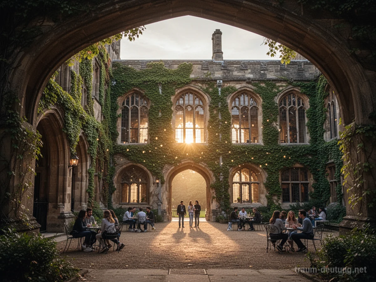 Traumsymbol Universität: Ein majestätisches, efeubewachsenes Universitätsgebäude im warmen Licht der Abendsonne mit Studenten im Innenhof.