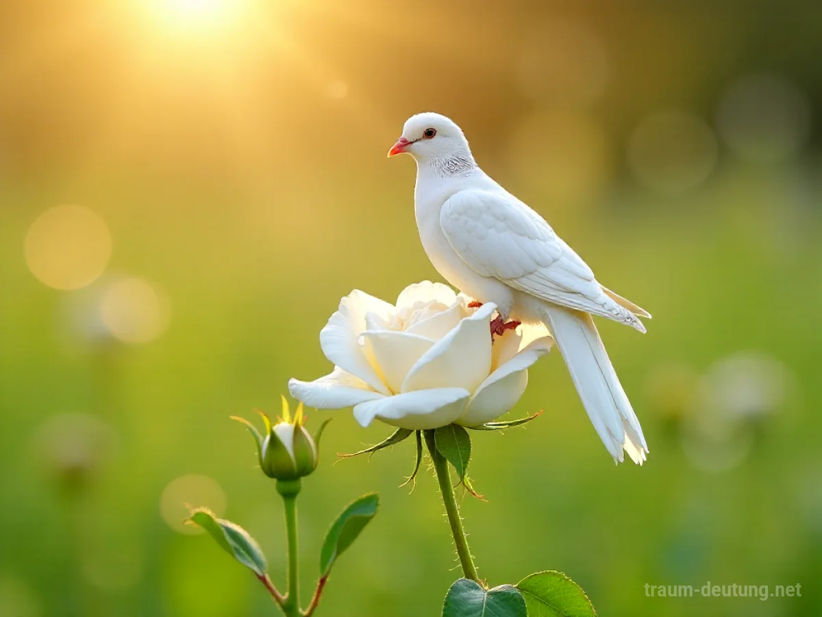 Traumsymbol Unschuld: Eine reine weiße Taube sitzt auf einer blühenden weißen Rose im sanften Morgengrauen.