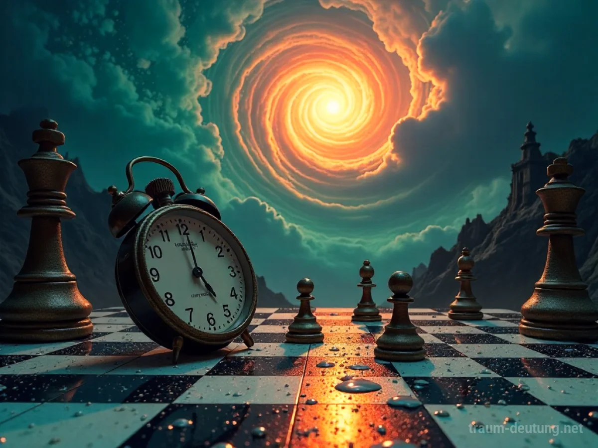 Traumdeutung Unsinn: Eine surreale Landschaft mit schmelzender Uhr und schwebenden Schachfiguren unter einem wirbelnden Himmel, beleuchtet von unheimlichem Licht.