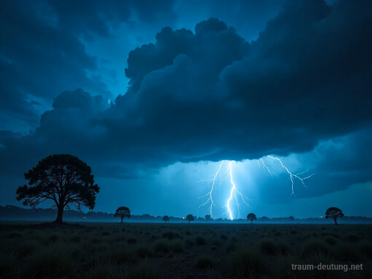 Traumsymbol Unwetter: Dunkle, bedrohliche Gewitterwolken mit Blitzen hängen über einer einsamen, vom Wind gepeitschten Landschaft, während starker Regen die Sicht behindert.