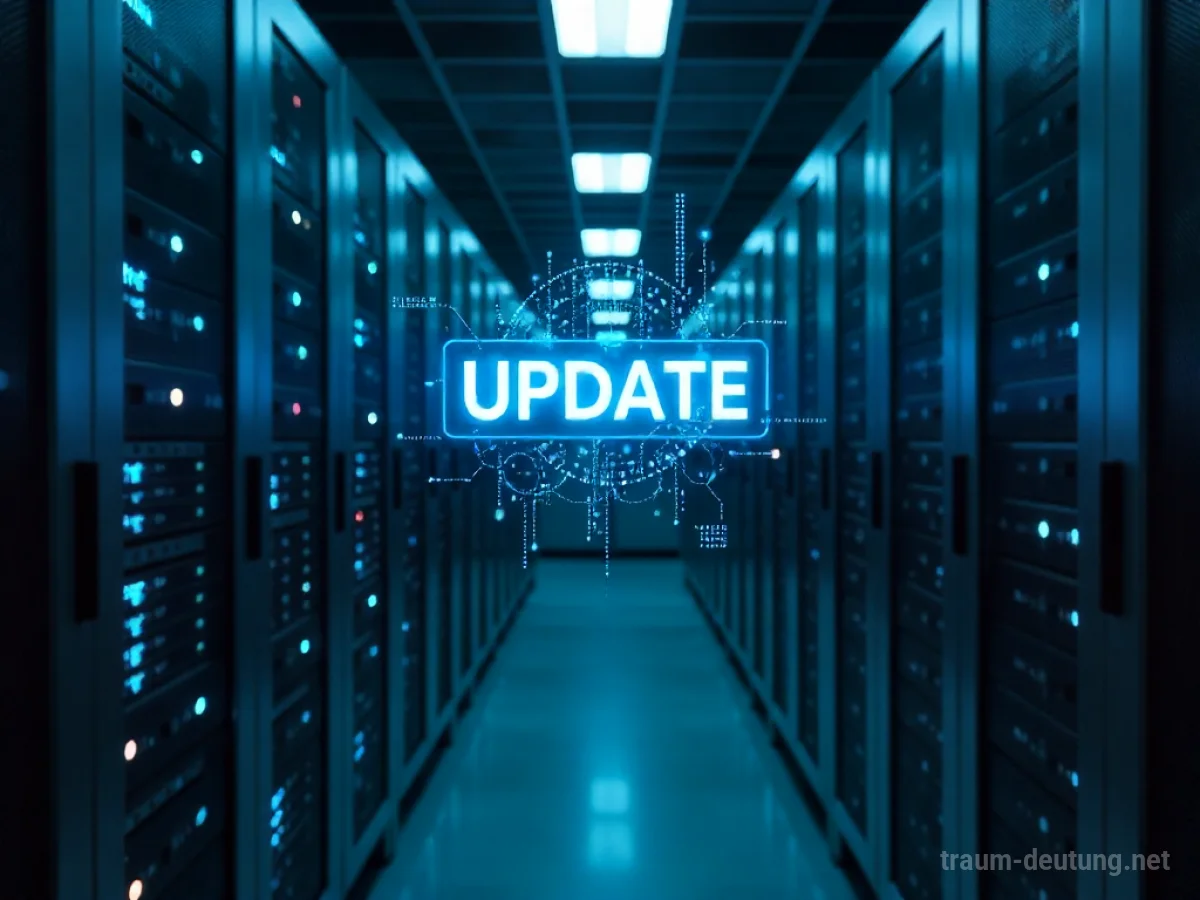 Traumsymbol Update: Eine leuchtende, holografische 'UPDATE'-Ikone schwebt in einem dunklen Serverraum, umgeben von fließenden digitalen Datenströmen und metallischen Racks.