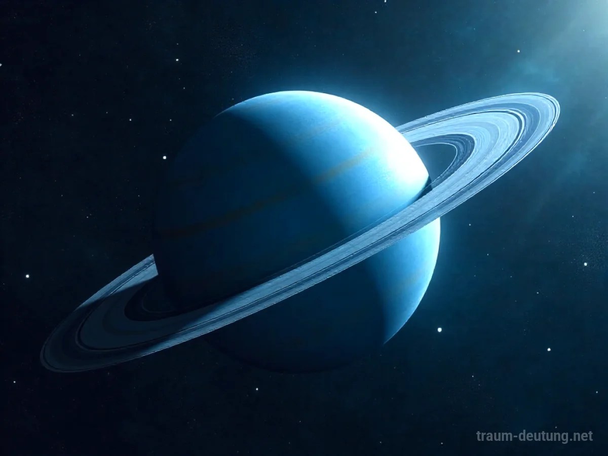Traumsymbol Uran: Der blassblaue Planet Uranus mit seinen charakteristischen Ringen, umgeben von der unendlichen Weite des Weltraums mit Sternen und dem sanften Licht der Milchstraße.