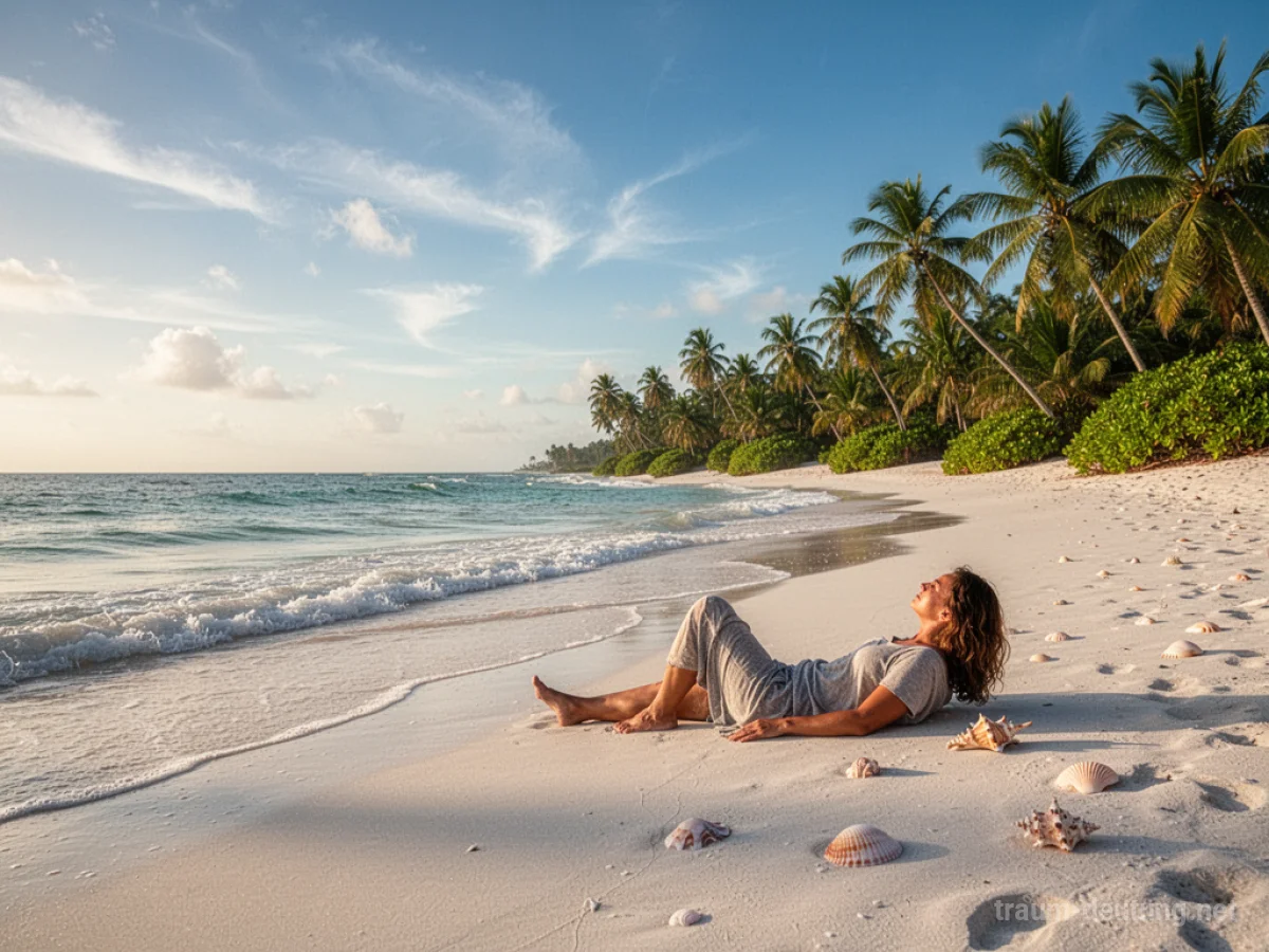 Traumsymbol Urlaub: Eine Person entspannt an einem einsamen, tropischen Strand mit feinem Sand, Palmen und sanften Wellen im warmen Sonnenlicht.