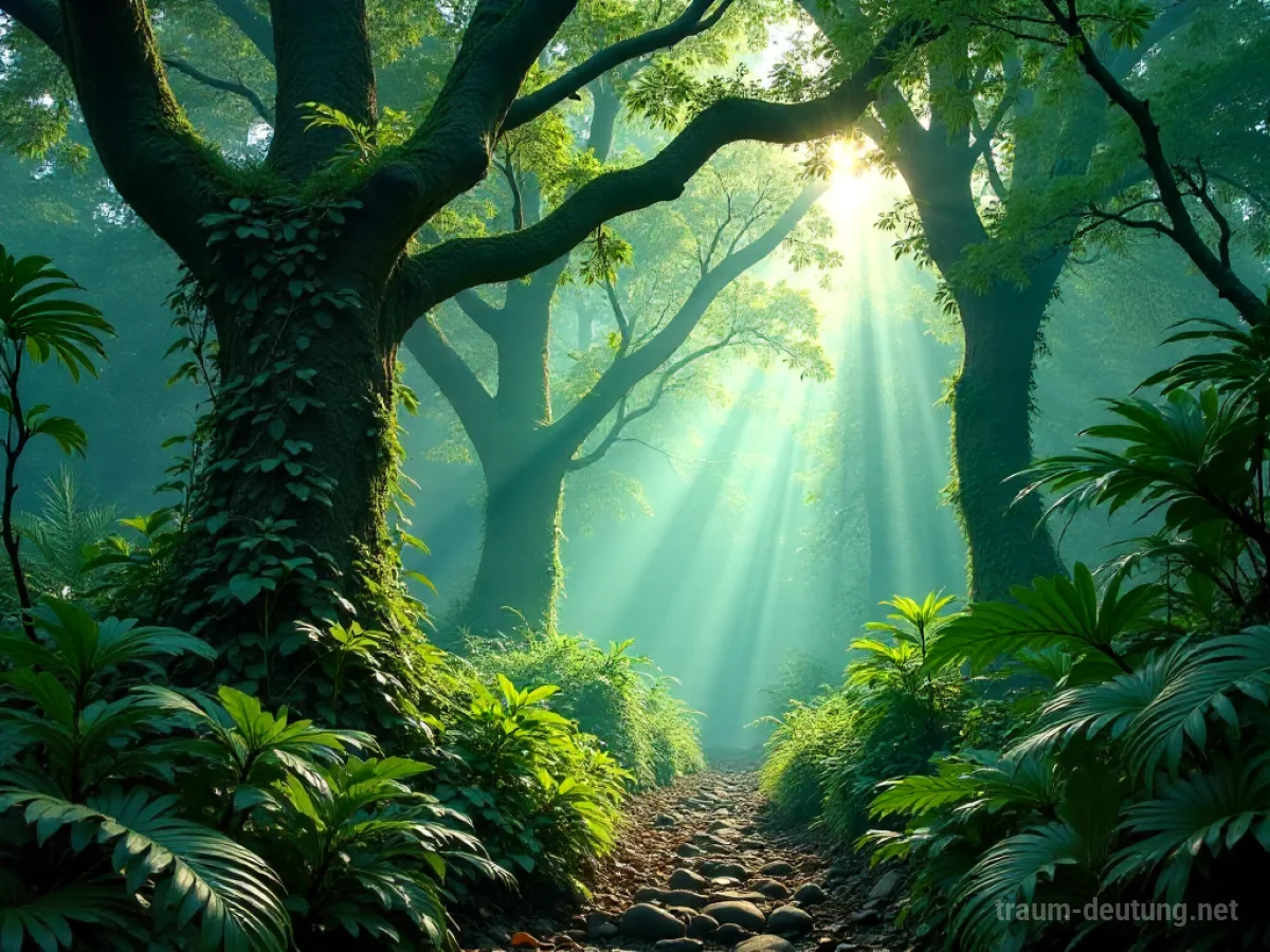 Traumsymbol Urwald: Ein dichter, urzeitlicher Regenwald mit moosbewachsenen Bäumen und Lianen, durch die nur spärliches, grünes Licht fällt, umgeben von dichter Vegetation und feuchter Atmosphäre.