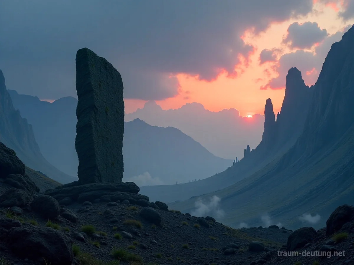 Traumsymbol Urzeit: Eine weite, urzeitliche Landschaft unter einem Zwielichthimmel mit zerklüfteten Felsformationen, rauchenden Vulkanfeldern und einem riesigen, moosbewachsenen Megalith im Vordergrund.