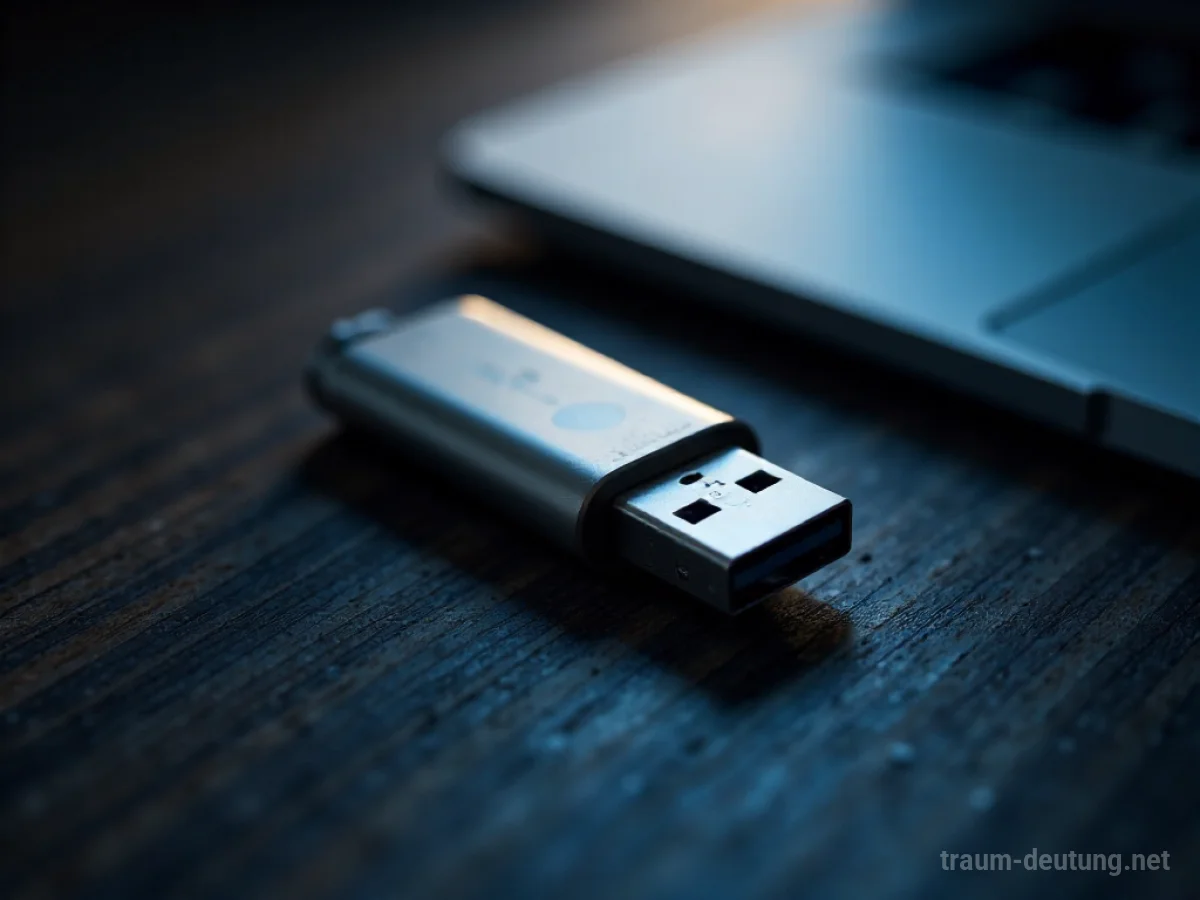 Traumsymbol USB: Ein glänzender USB-Stick mit schwach leuchtender blauer LED liegt auf einem dunklen Holzschreibtisch im diffusen Licht.