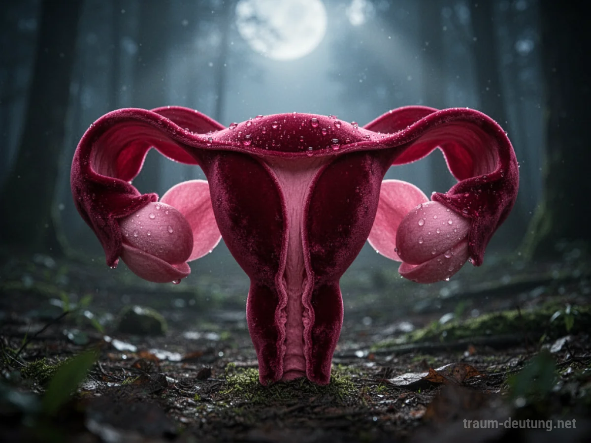 Traumsymbol Vagina: Abstrakte Darstellung einer Vulva aus samtigen Blütenblättern in tiefroten und rosafarbenen Tönen, beleuchtet von sanftem Mondlicht in einem mystischen Wald.