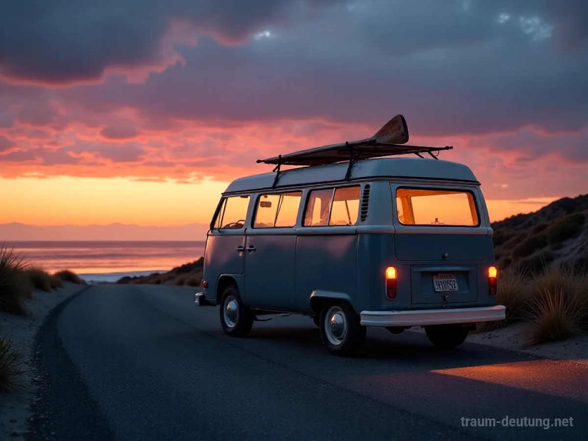 Traumsymbol Van: Ein alter Camper Van steht bei Sonnenuntergang an einer einsamen Küstenstraße, warmes Licht scheint aus den Fenstern, eine friedliche Atmosphäre.