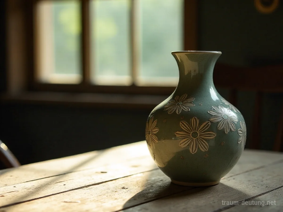 Traumsymbol Vase: Eine kunstvoll verzierte Keramikvase steht auf einem Holztisch im sanften Licht eines Fensters.
