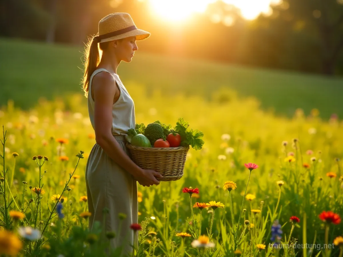 Traumsymbol Veganer: Eine Person steht in einer sonnenbeschienenen Wiese mit einem Korb voller frischem Gemüse und Früchte, umgeben von grüner Natur.