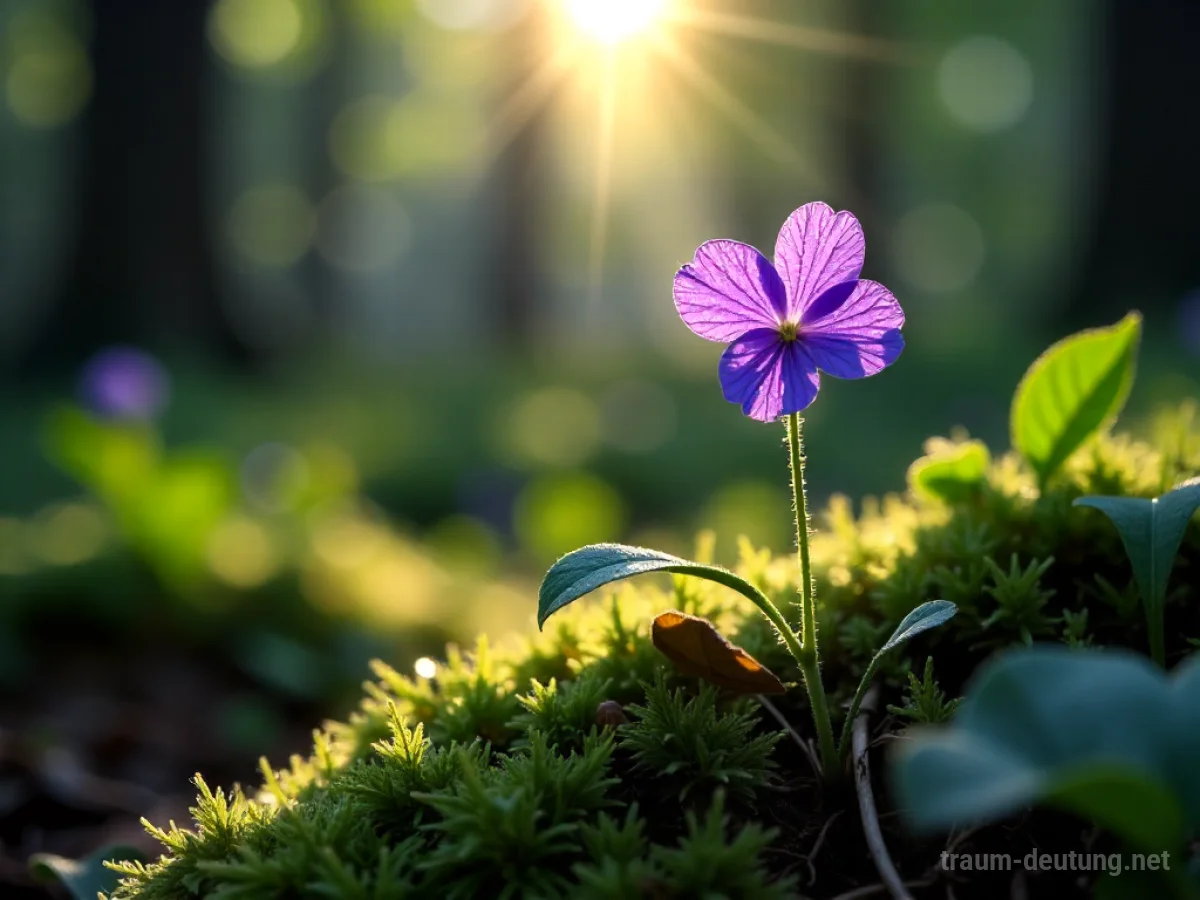 Traumsymbol Veilchen: Eine einzelne, zarte Veilchenblume mit tiefvioletten Blütenblättern steht auf einer sonnenbeschienenen Waldlichtung, bedeckt mit Morgentau.