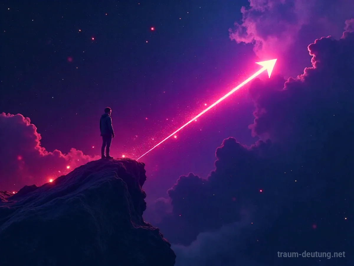 Traumsymbol Vektor: Ein leuchtender roter Pfeil erhebt sich aus einem tiefblauen Nebel und weist auf ein fernes Licht.