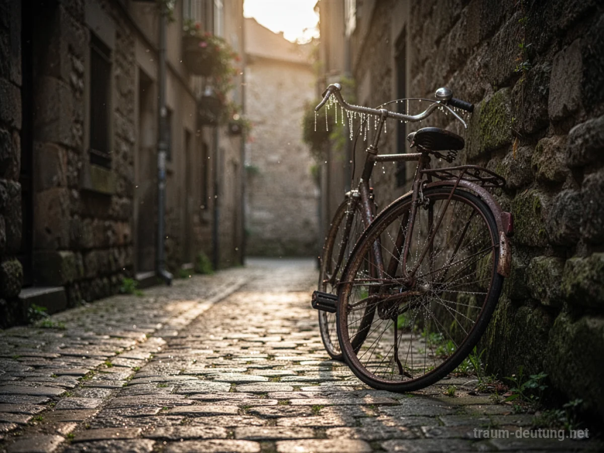 Traumsymbol Velo: Ein altes, leicht rostiges Fahrrad lehnt an einer steinernen Mauer in einer ruhigen Gasse, beleuchtet von goldenem Abendlicht.