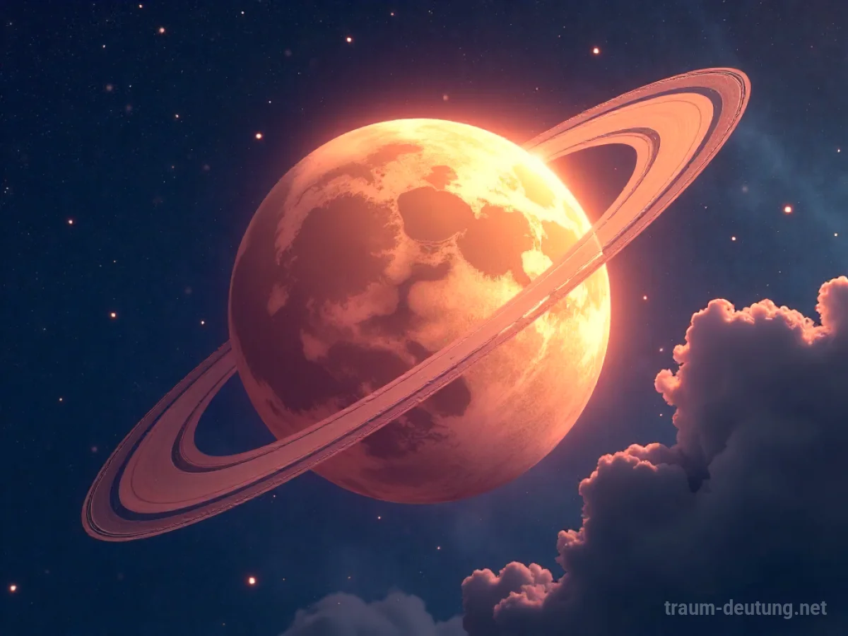 Traumsymbol Venus: Der Planet Venus leuchtet sanft in warmem Licht vor einem tiefen Indigo-Weltraum mit Sternen und zarten rosa-goldenen Wolkenwirbeln.