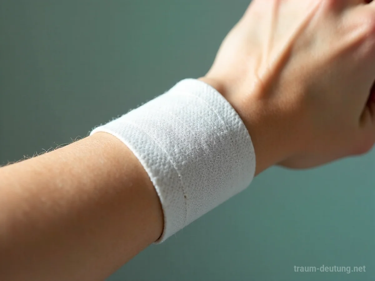 Traumsymbol Verband: Ein sauberer, weißer medizinischer Verband wird eng um einen menschlichen Unterarm gewickelt, was Heilung und Schutz suggeriert.