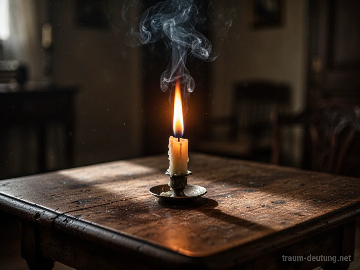 Traumdeutung Verbrennen: Eine einzelne, flackernde Kerzenflamme erhellt dramatisch einen alten Holztisch, während dunkler Rauch aufsteigt, was auf Transformation und intensive Emotionen im Traum hinweist.