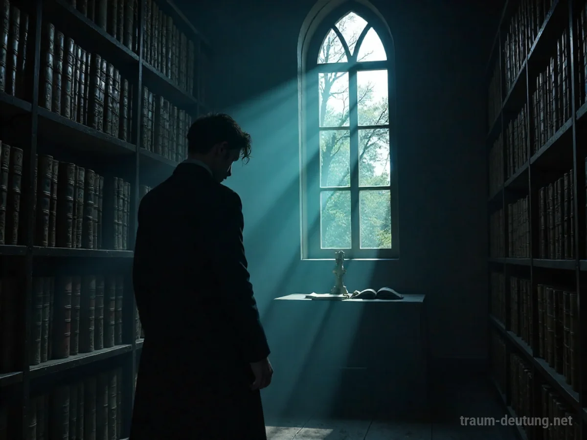 Traumsymbol Verdacht: Eine schattenhafte Gestalt steht in einer staubigen, mondbeschienenen Bibliothek und blickt misstrauisch in die Dunkelheit.