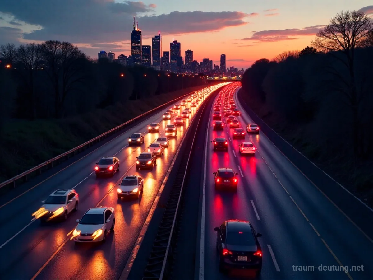 Traumdeutung Verkehr: Eine belebte Autobahn bei Dämmerung mit vielen Autos in verschiedenen Fahrspuren, die durch nasses Asphalt reflektiert werden.