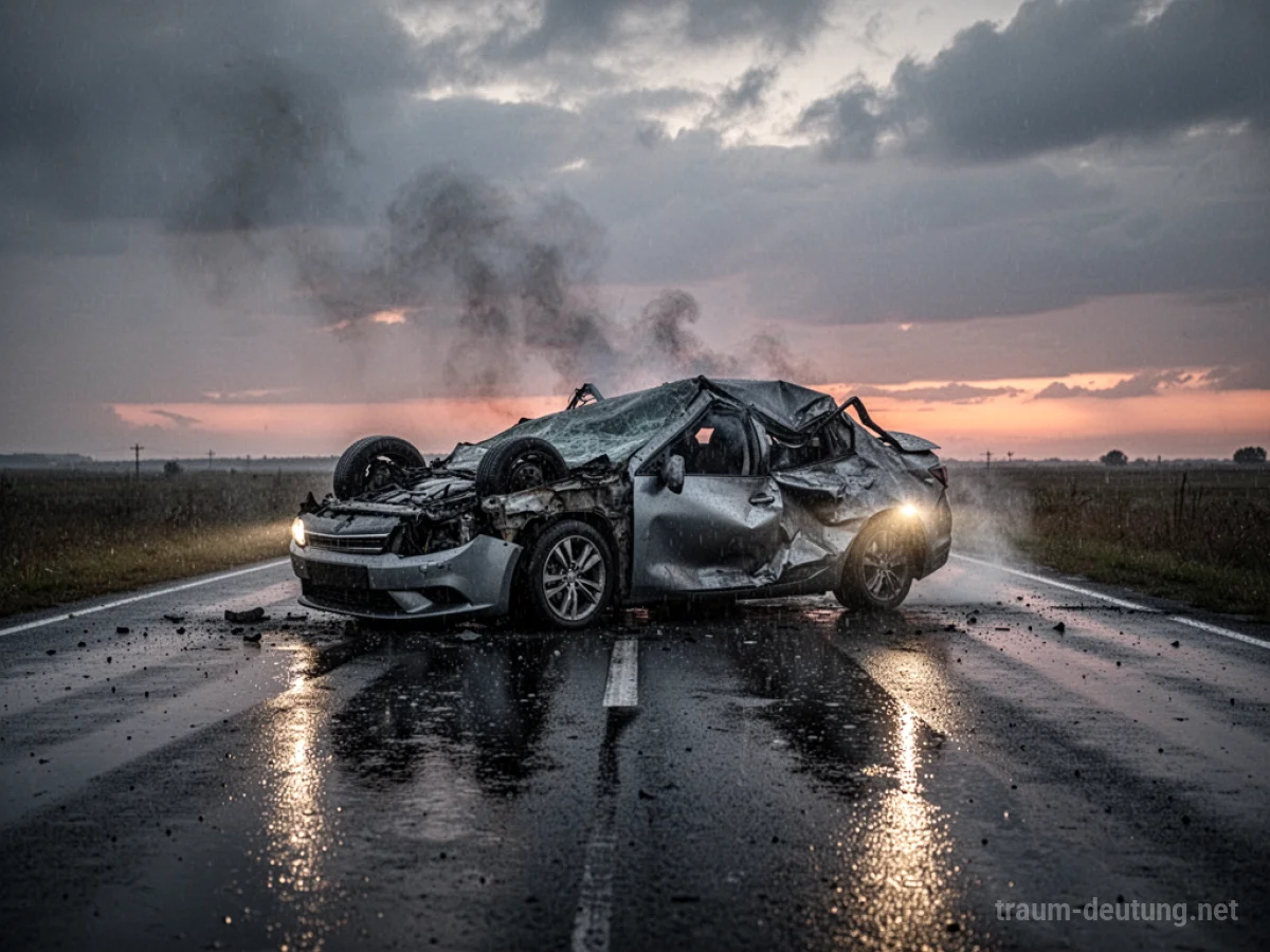 Traumsymbol Verkehrsunfall: Ein stark beschädigtes Auto liegt auf einer regennassen Straße im Zwielicht, Rauch steigt auf, dramatische Schatten fallen.