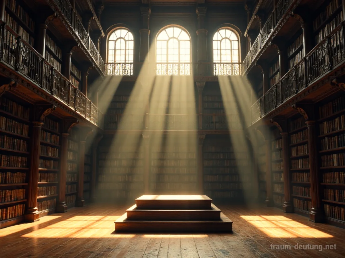 Traumsymbol Verlage: Eine alte, ehrwürdige Bibliothek mit hohen Bücherregalen, durch die Sonnenlicht fällt und einen leeren Podium beleuchtet.