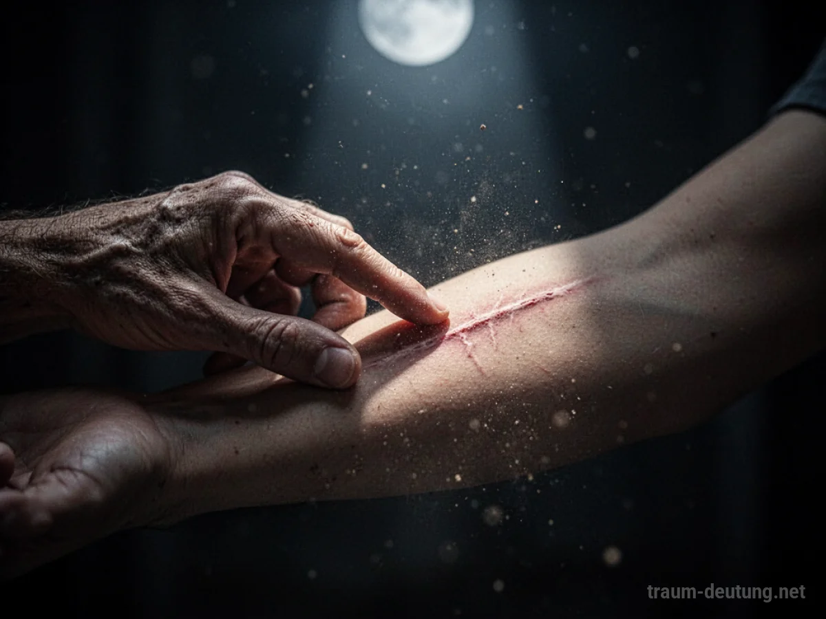 Traumsymbol Verletzung: Eine einzelne, wettergegerbte Hand berührt sanft eine schwach leuchtende Narbe auf einem nackten Unterarm im sanften Licht des Mondes.