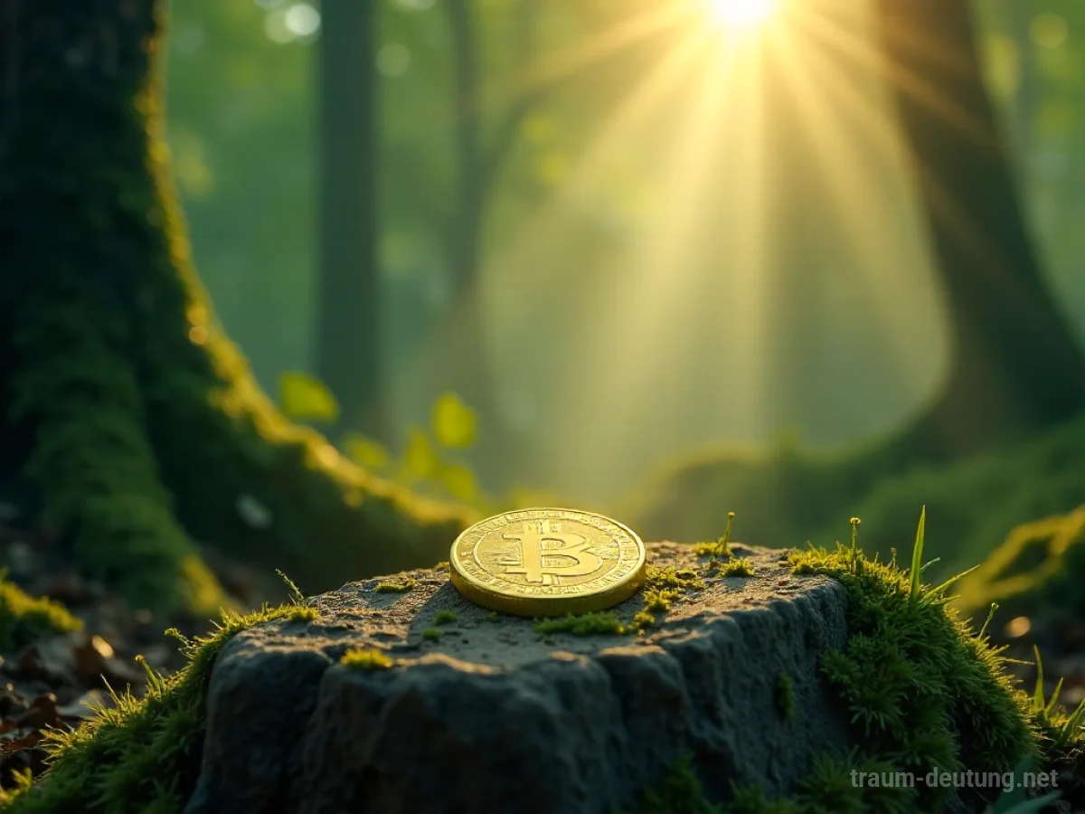 Traumsymbol Vermögen: Eine einzelne, glänzende Goldmünze liegt auf einem moosbewachsenen Stein im sanften Licht eines Waldes.