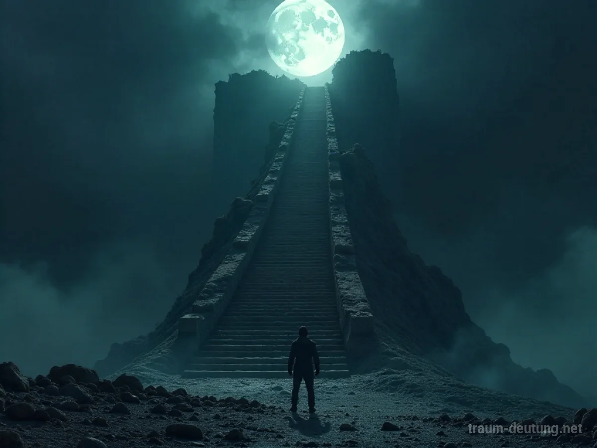 Traumsymbol Versagen: Eine einsame, beschattete Figur steht am Fuße einer riesigen, zerfallenden Treppe, die in einen dunklen Himmel ragt, beleuchtet von einem schwachen Mondstrahl.